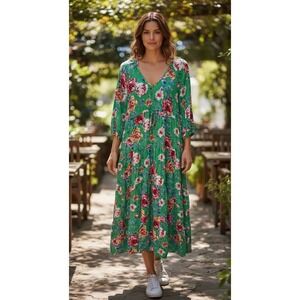 The Pioneer Woman Floral Tiered Maxi Dress 3/4 Sleeve V-Neck L Cottagecore Boho